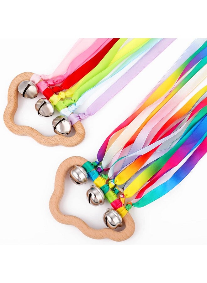 Grevosea 2 Pieces Kites For Kids Hand Kite Hand Ribbon Kite With Bells Cloud Wind Wand Ribbon Wood Sensory Educational Tool For Birthday Party Supplies  - Image 1