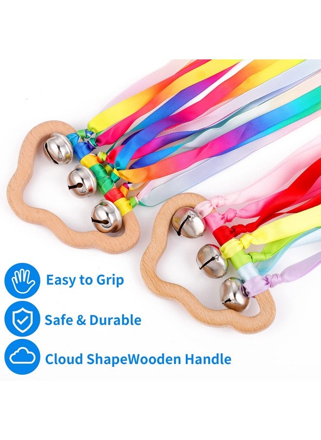 Grevosea 2 Pieces Kites For Kids Hand Kite Hand Ribbon Kite With Bells Cloud Wind Wand Ribbon Wood Sensory Educational Tool For Birthday Party Supplies  - Image 3