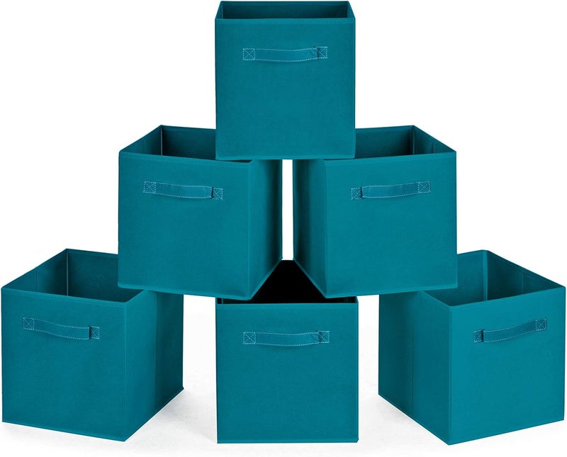 MaidMAX Cloth Storage Bins Set of 6 Foldable Collapsible Fabric Cubes Organizers Basket with Dual Handles Teal - Image 1