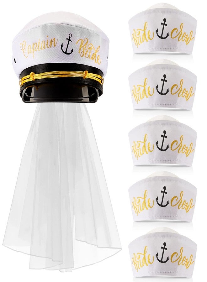 Jecery 6 Pack Bride Captain Hat with Veil Bachelorette Party Decorations Bride Crew White Sailor Hat for Last Toast on The Coast Nautical Bridal Shower Party Supplies - Image 1