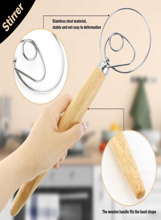 Hengke 2 Pcs Rustproof Stainless Steel Ring Danish Dough Whisk, Wooden Bread Whisk, 13 inches Dutch Whisk for Cooking, Blending Whisking Stirring Sourdough Cake Pizza Pastry Biscuits Bread - Image 2