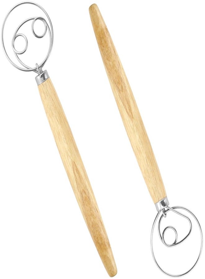 Hengke 2 Pcs Rustproof Stainless Steel Ring Danish Dough Whisk, Wooden Bread Whisk, 13 inches Dutch Whisk for Cooking, Blending Whisking Stirring Sourdough Cake Pizza Pastry Biscuits Bread - Image 1