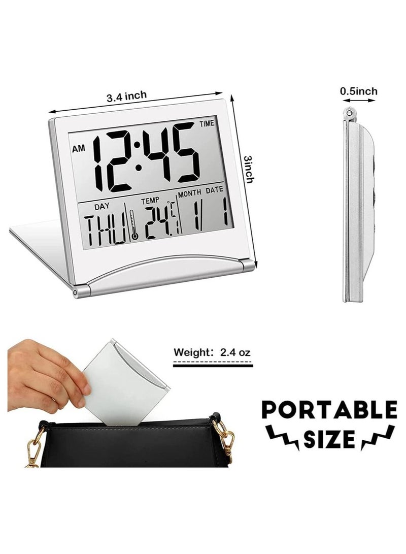 Digital Travel Alarm Clock, 2 Pieces Foldable Calendar and Temperature and Timer LCD Clock with Snooze Mode, Large Number Display, Multifunction Small Portable Clock Desk Clock
