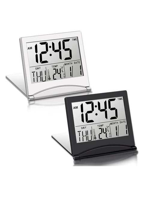 Digital Travel Alarm Clock, 2 Pieces Foldable Calendar and Temperature and Timer LCD Clock with Snooze Mode, Large Number Display, Multifunction Small Portable Clock Desk Clock