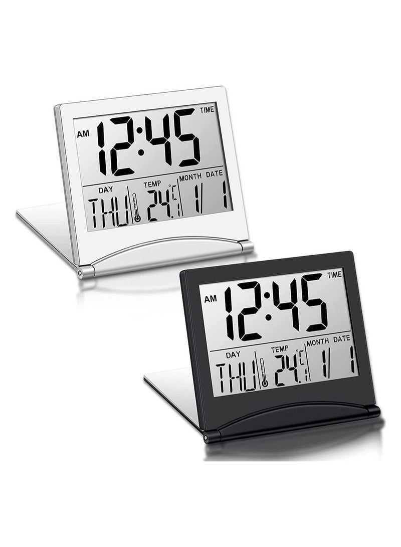 Digital Travel Alarm Clock, 2 Pieces Foldable Calendar and Temperature and Timer LCD Clock with Snooze Mode, Large Number Display, Multifunction Small Portable Clock Desk Clock
