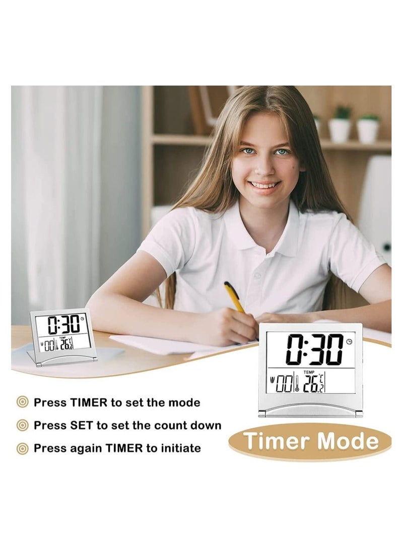 Digital Travel Alarm Clock, 2 Pieces Foldable Calendar and Temperature and Timer LCD Clock with Snooze Mode, Large Number Display, Multifunction Small Portable Clock Desk Clock