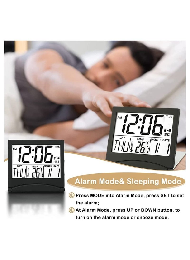 Digital Travel Alarm Clock, 2 Pieces Foldable Calendar and Temperature and Timer LCD Clock with Snooze Mode, Large Number Display, Multifunction Small Portable Clock Desk Clock