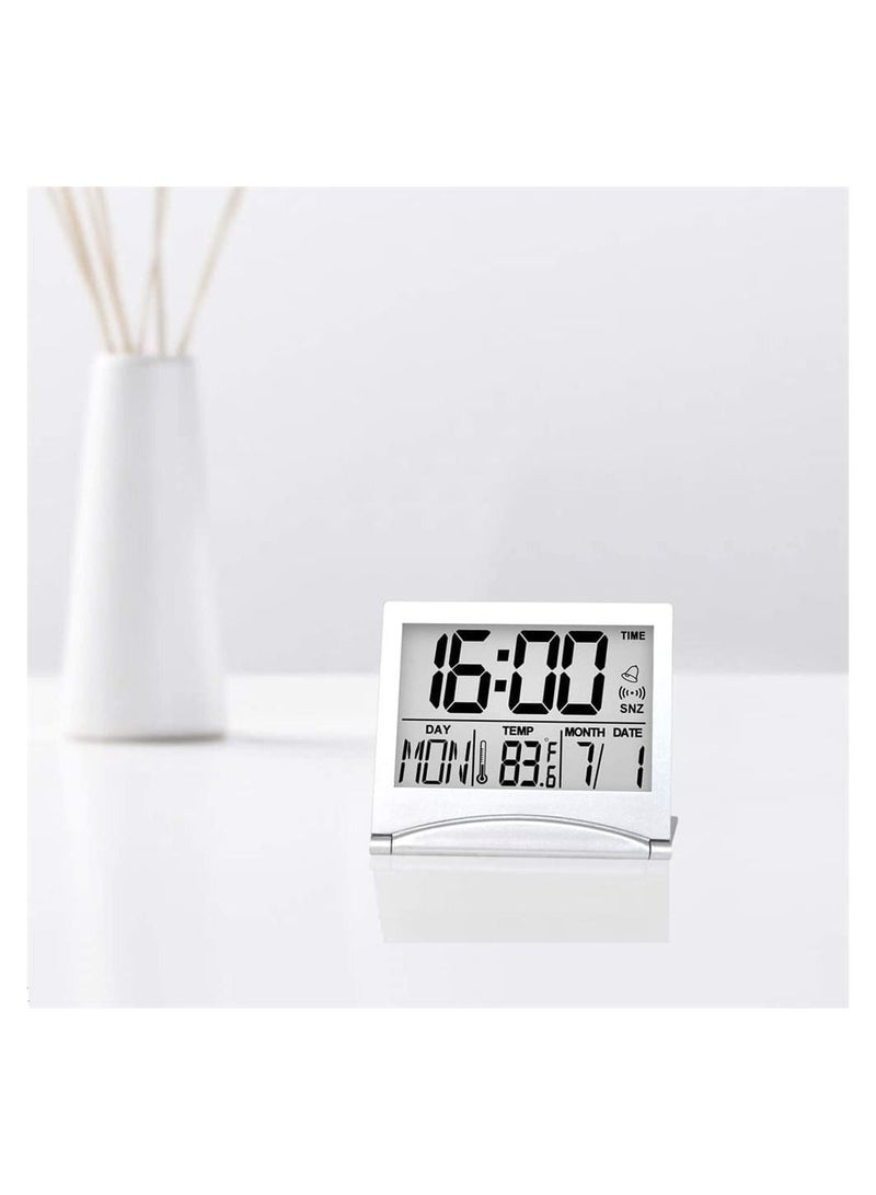 Digital Travel Alarm Clock, 2 Pieces Foldable Calendar and Temperature and Timer LCD Clock with Snooze Mode, Large Number Display, Multifunction Small Portable Clock Desk Clock