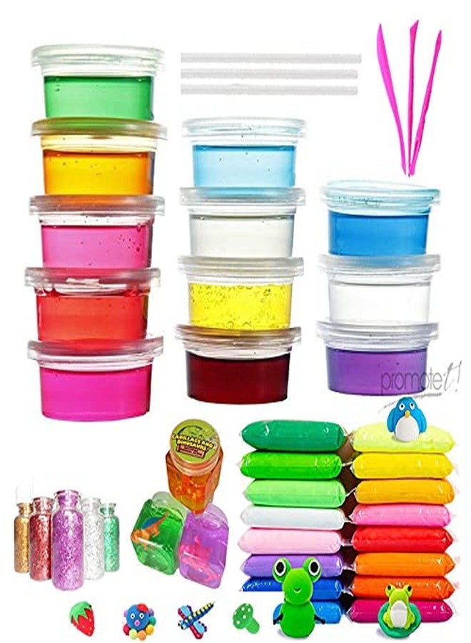 Promote Trader 12 Crystal Slime,3 Toy Slime and 24 Air Dry Clay Combo with Free Glitter and Tools + Paper Straws for Kids Boys and Girls Age 3+ Years/Magic Mud Surprise Gift - Image 1