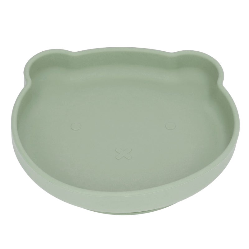 Baby Suction Plate Dark Green Cute Bear Shape - Strong Table Suction Silicone Plate for Babies Over 6 Months, Self Feeding Practice - Image 1