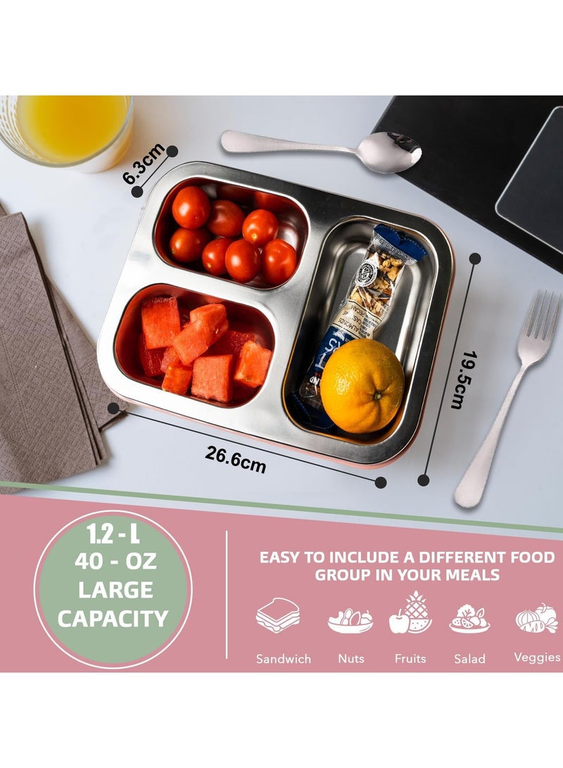 تابيت صندوق غداء من الفولاذ المقاوم للصدأ مع مقصورات مقسمة، صندوق وجبات خفيفة مانع للتسرب والانسكاب مع أدوات مائدة، خالي من مادة BPA، آمن للاستخدام في غسالة الأطباق (وردي، 1.2 لتر) - Image 2