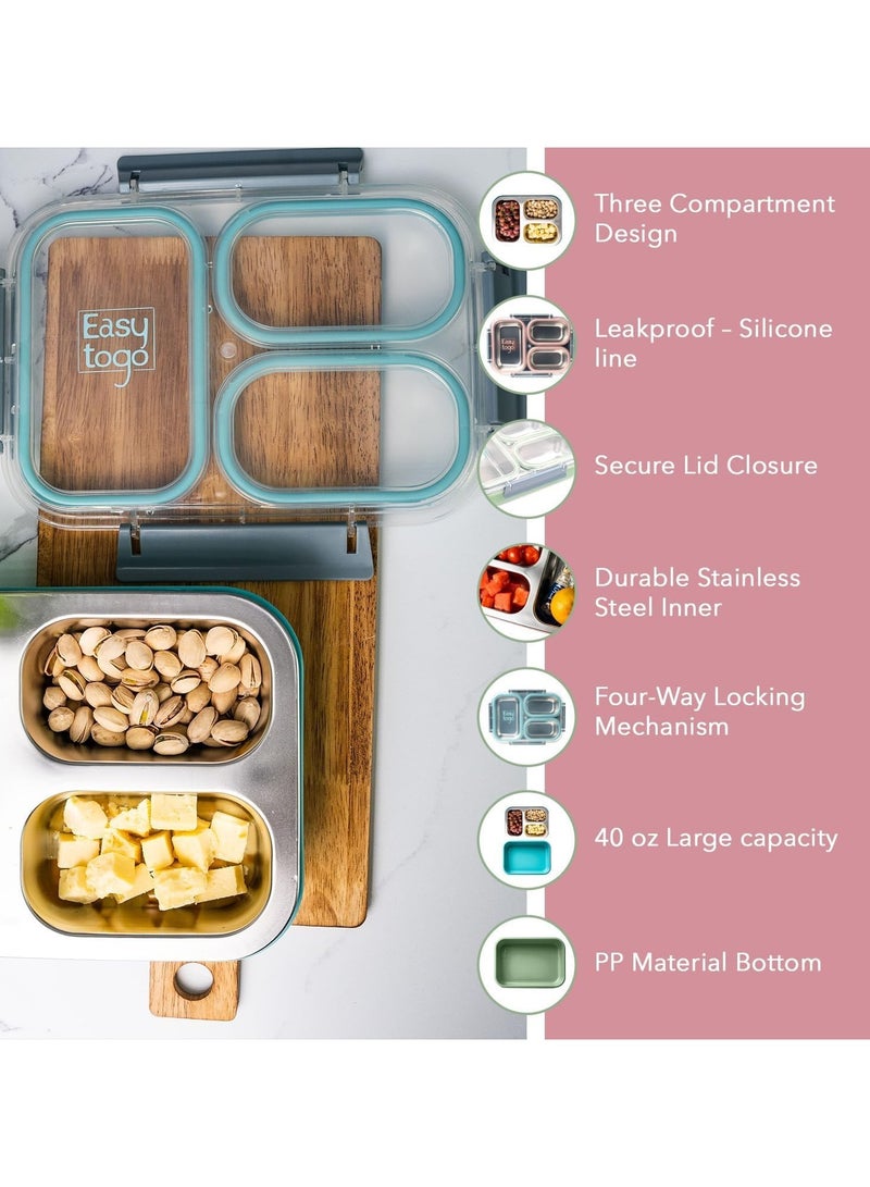 تابيت صندوق غداء من الفولاذ المقاوم للصدأ مع مقصورات مقسمة، صندوق وجبات خفيفة مانع للتسرب والانسكاب مع أدوات مائدة، خالي من مادة BPA، آمن للاستخدام في غسالة الأطباق (وردي، 1.2 لتر) - Image 3