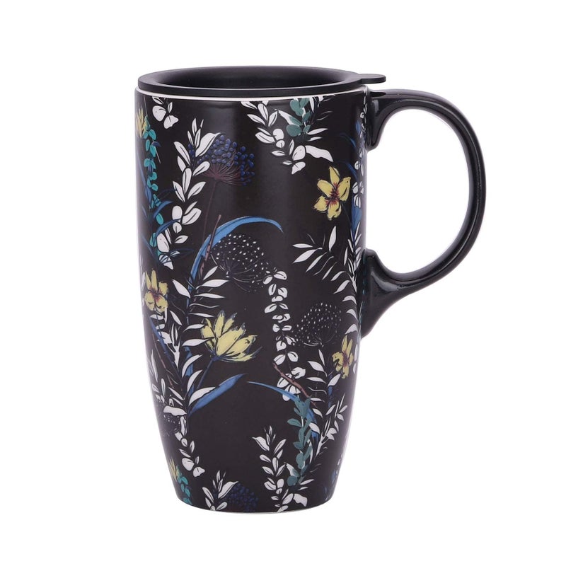 DUSVALLY Ceramic Mug Large Coffee Cup Tall Travel Mugs Porcelain Latte Tea Cup with Lid 17ozBlack