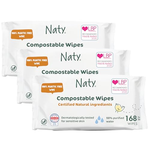 Naty Baby Wipes | 98% Water, Hypoallergenic & Natural for Sensitive Skin | Unscented, Plant-Based, Fragrance-Free | Plastic-Free & Compostable | Newborn & Toddler Diaper Wipes | 168 Count (3 Packs) - Image 1