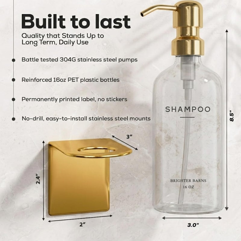 Brighter Barns Luxury Shampoo and Conditioner Dispenser Set Wall Mounted by - No-Drill Shower Soap Dispenser Set & Stainless Steel Pumps - Refillable Shampoo Bottles - Gold Bathroom Decor (Clear Gold) - Image 3