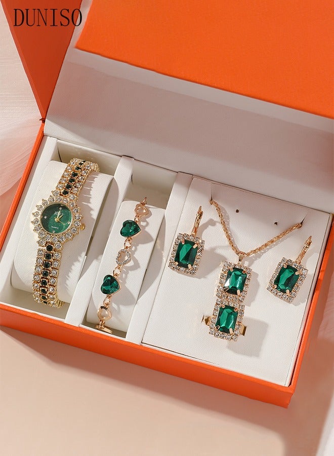 DUNISO 5 Pcs Shining Ladies Watches Gifts Set With Diamond Decorated Watch Bracelet Necklace Ring Earrings Luxury Fashion Jewellery Green Jade Quartz Wrist Womens Watch  - Image 1
