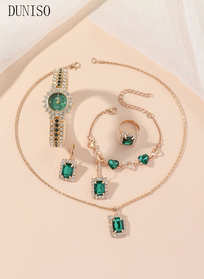 DUNISO 5 Pcs Shining Ladies Watches Gifts Set With Diamond Decorated Watch Bracelet Necklace Ring Earrings Luxury Fashion Jewellery Green Jade Quartz Wrist Womens Watch  - Image 3