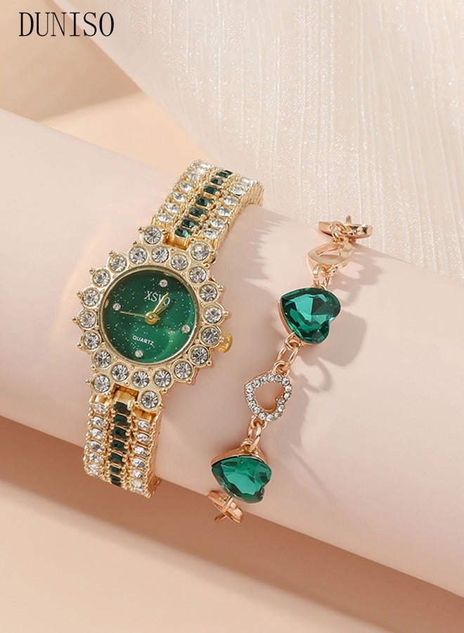 DUNISO 5 Pcs Shining Ladies Watches Gifts Set With Diamond Decorated Watch Bracelet Necklace Ring Earrings Luxury Fashion Jewellery Green Jade Quartz Wrist Womens Watch  - Image 5