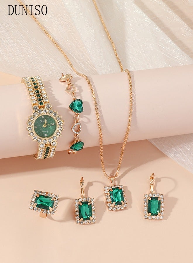 DUNISO 5 Pcs Shining Ladies Watches Gifts Set With Diamond Decorated Watch Bracelet Necklace Ring Earrings Luxury Fashion Jewellery Green Jade Quartz Wrist Womens Watch  - Image 4