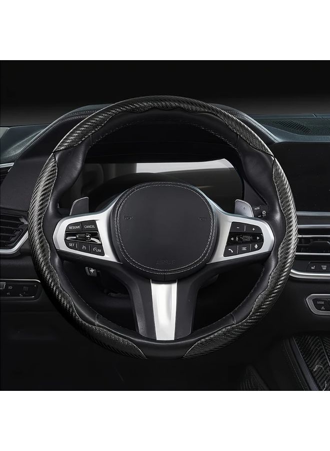 Three Piece Black Carbon Fiber Anti Slip Steering Wheel Cover Set Universal Size - Image 3