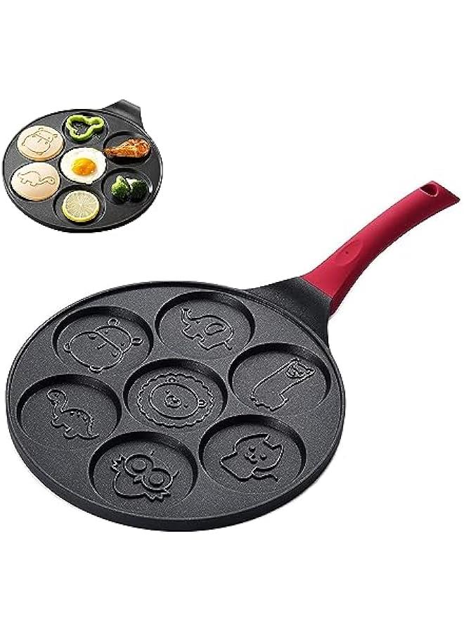 بيوينتي صانعة بان كيك صغيرة للاطفال، مقلاة وافل غير لاصقة للافطار، بيض صغيرة، فطائر 7 فتحات، نمط حيوانات كرتونية، خالية من حمض بيرفلورو الاوكتانويك متوافقة مع البيض المقلي 10.5 انش، لجميع، مي ون، الألومنيوم - Image 1