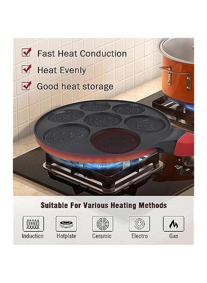 بيوينتي صانعة بان كيك صغيرة للاطفال، مقلاة وافل غير لاصقة للافطار، بيض صغيرة، فطائر 7 فتحات، نمط حيوانات كرتونية، خالية من حمض بيرفلورو الاوكتانويك متوافقة مع البيض المقلي 10.5 انش، لجميع، مي ون، الألومنيوم - Image 4