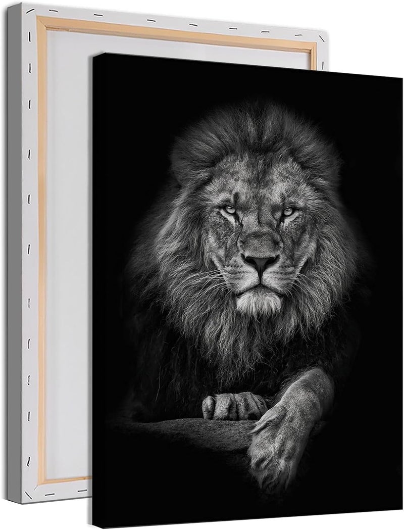 Wallvelart لوحة حائط قماشية لأسد أبيض وأسود - مطبوعات حيوانية وبورتريه رأس - صور حيوانات برية وملصقات وديكور فني مقاس 16×24 بوصة مع إطار - Image 1