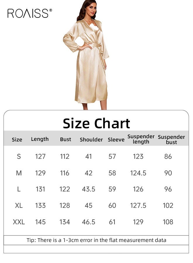 رويس طقم ملابس نوم أنيق من قطعتين بلون الشمبانيا للنساء مع حمالة صدر وقميص نوم طويل من الساتان، رداء نوم قابل للتهوية، طقم بيجامة مريح متعدد الاستخدامات - Image 5