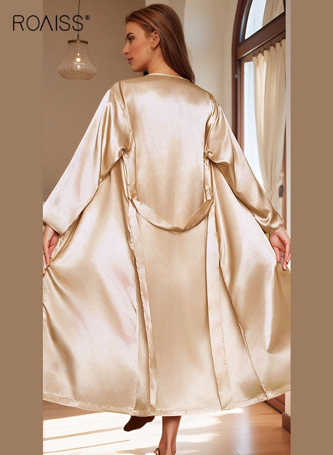 رويس طقم ملابس نوم أنيق من قطعتين بلون الشمبانيا للنساء مع حمالة صدر وقميص نوم طويل من الساتان، رداء نوم قابل للتهوية، طقم بيجامة مريح متعدد الاستخدامات - Image 4