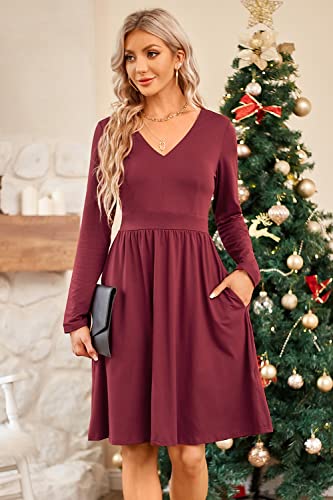 ULTRANICE Red Long Sleeve Womens Dresses 2025 Fashion Clothes Trendy Spring V Neck Casual Wedding Guest Dresses Semi Formal Party Vavation Outfits Plus Size Dress with Pockets(Dark Red C,S) - Image 3