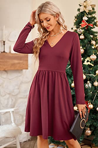 ULTRANICE Red Long Sleeve Womens Dresses 2025 Fashion Clothes Trendy Spring V Neck Casual Wedding Guest Dresses Semi Formal Party Vavation Outfits Plus Size Dress with Pockets(Dark Red C,S) - Image 2