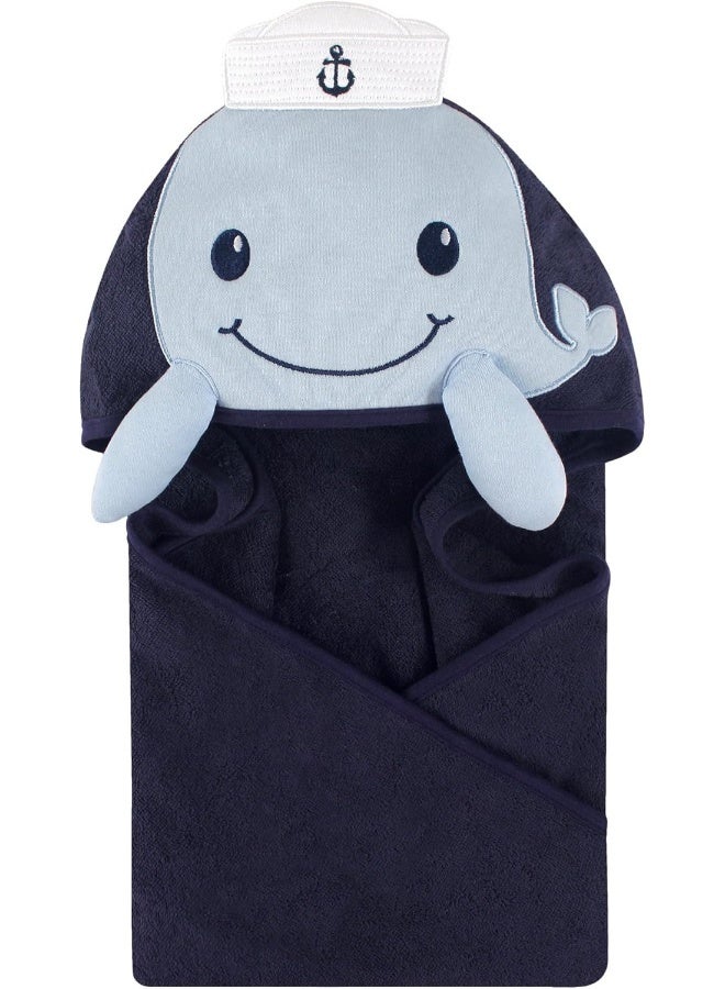 Little Treasure Unisex Baby Cotton Animal Face Hooded Towel, Sailor Whale, One Size - Image 1
