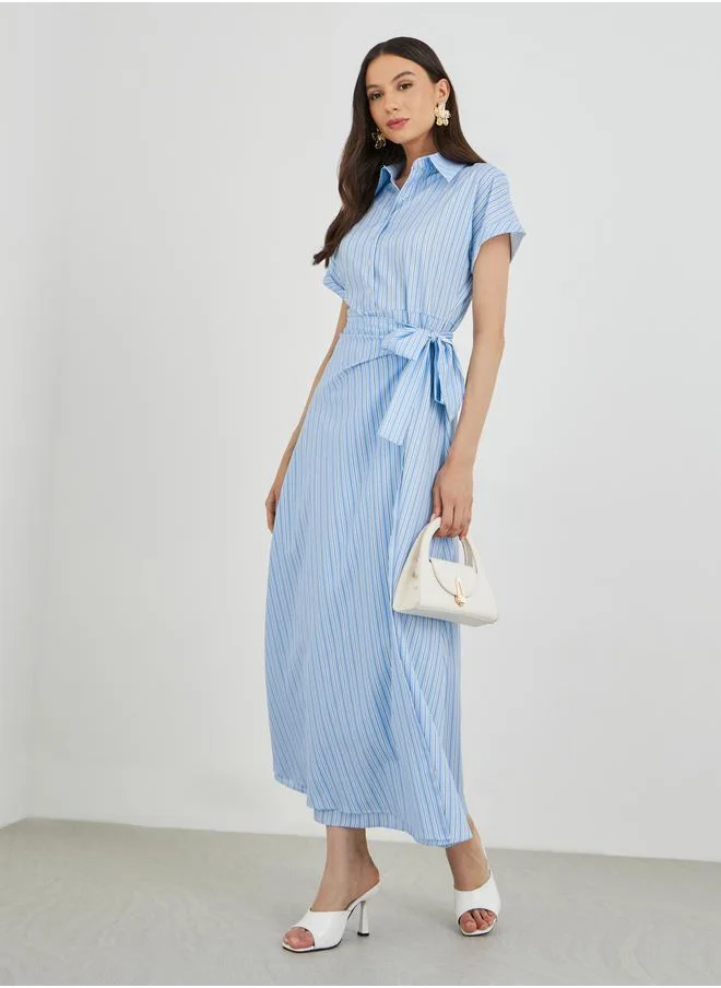 Take Two Take Two Striped Short Sleeve Collared Maxi Dress with Tie-Up Detail