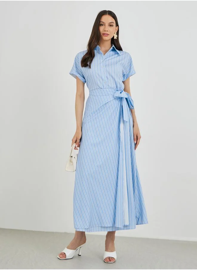Take Two Take Two Striped Short Sleeve Collared Maxi Dress with Tie-Up Detail