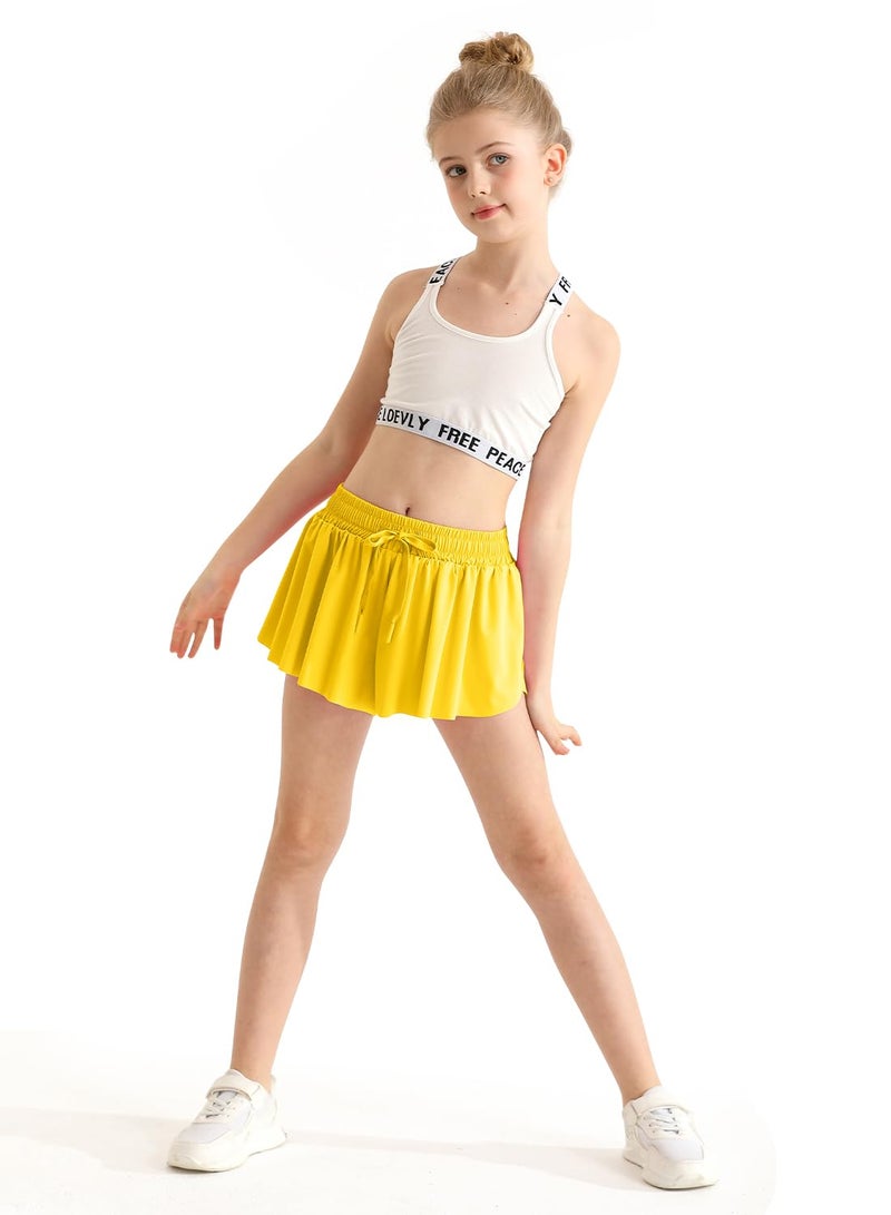 EQSJIU Girls Flowy Shorts,Youth/Toddler Butterfly Bright Yellow Shorts with Spandex Liner 2-in-1 for Running,Sports,Athletic,Fitness,Tennis 12-13 Years - Image 2
