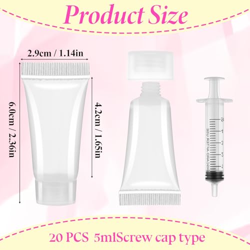 Psyqtsuary Refillable Empty Tubes Bottles, 20 Pcs 5ml Portable Travel Tubes with Syringes Clear Refillable Toothpaste Tubes Soft Squeezable Containers for Sample Shampoo Makeup Facial Cleanser Lip Gloss - Image 3