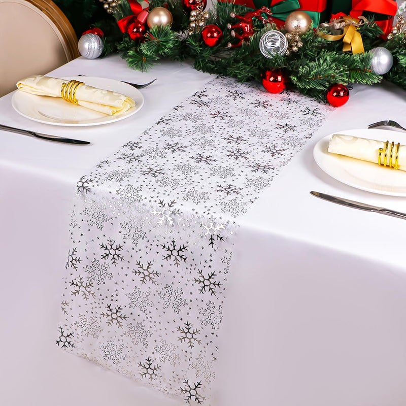 Snowkingdom قطعتان من غطاء طاولة سنوكينجدوم الفضي ذو ندفة الثلج للكريسماس، بطول 108 بوصة × 2، زخارف شرائط فضية معدنية لامعة وبراقة لمهرجانات العطلات الشتوية وحفلات المنزل الموسمية - Image 2