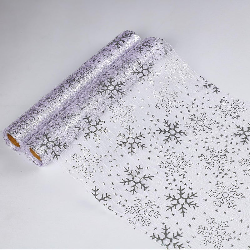 Snowkingdom قطعتان من غطاء طاولة سنوكينجدوم الفضي ذو ندفة الثلج للكريسماس، بطول 108 بوصة × 2، زخارف شرائط فضية معدنية لامعة وبراقة لمهرجانات العطلات الشتوية وحفلات المنزل الموسمية - Image 1