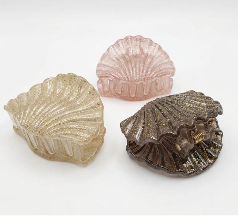 Women's 3-Piece Glitter Seashell Hair Claw Clip Set – Premium Acrylic Design, Strong Grip, Assorted Colors- Colors may vary - Image 1