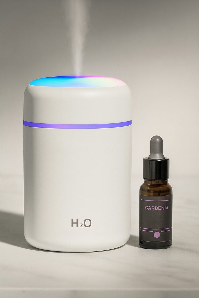 اتش 2 او طقم فواحة زيت عطري ومرطب هواء - قطعتين مع زيت جاردينيا 10 مل، سعة 180 مل، تعمل بـ USB مع إضاءة LED RGB متغيرة الألوان - Image 1