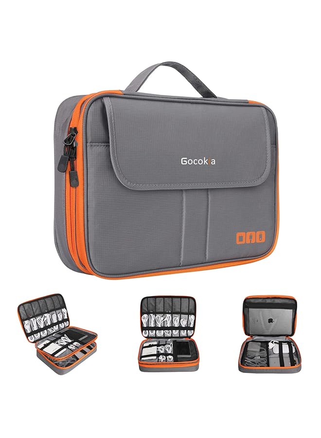 Gocokia حقيبة تنظيم ملحقات السفر الإلكترونية بسعة كبيرة بطبقتين مع 2 جيب أمامي لحمل الأجهزة المثالية بحجم مناسب لجهاز آيباد وآيفون وكابلات وباور بانك وجهاز لوحي 10.2 بوصة رمادي