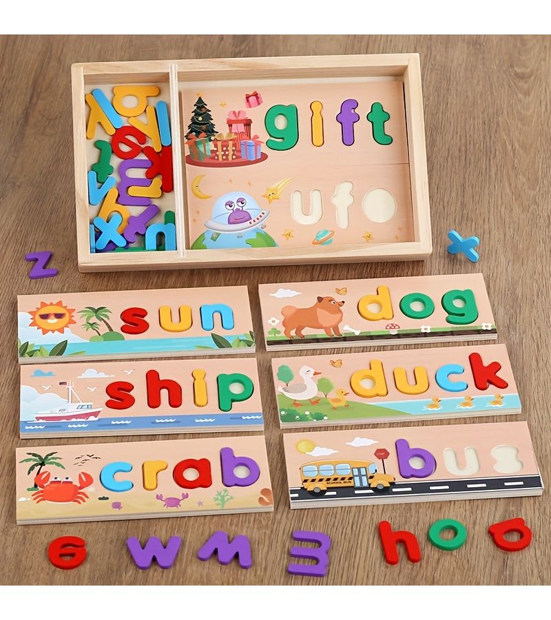 Wooden Box Spelling Word Learning Toy With Letter Puzzle For CVC Builder - Image 1