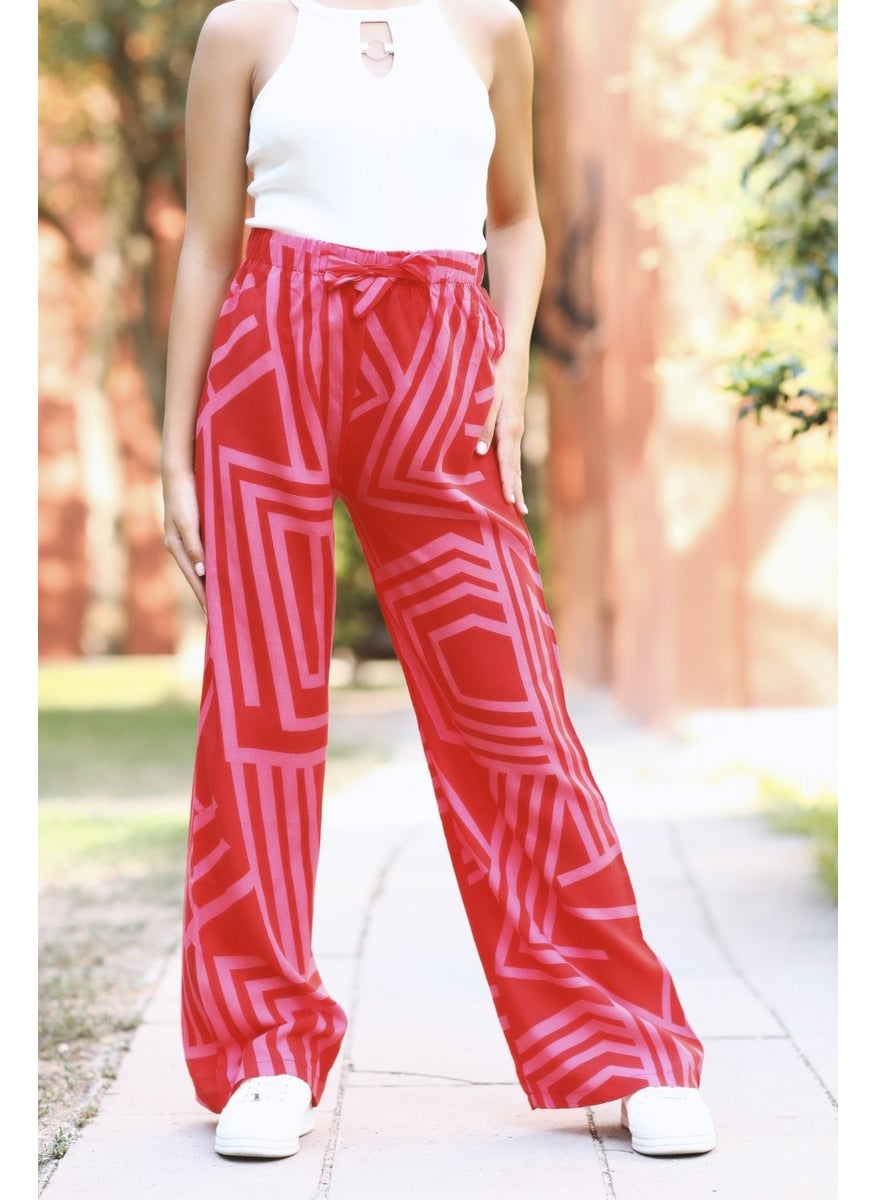 Giysa Women's Pink Palazzo Pants Geometric Patterned 100% Viscose Relaxed Cut - 25001  - Image 3