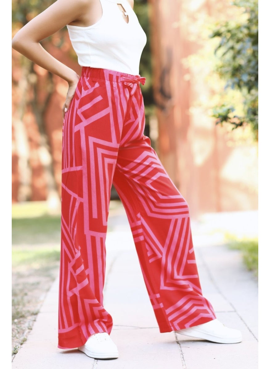 Giysa Women's Pink Palazzo Pants Geometric Patterned 100% Viscose Relaxed Cut - 25001  - Image 5