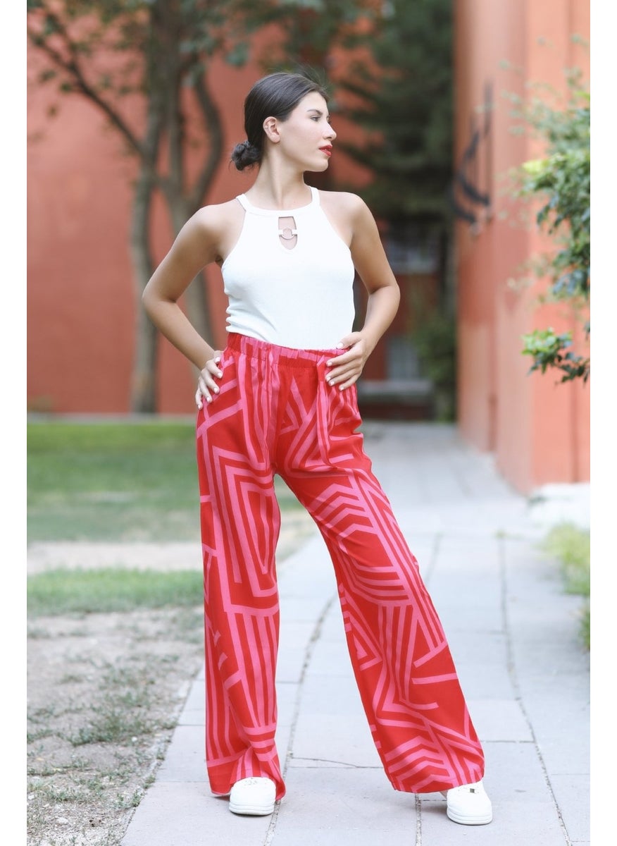 Giysa Women's Pink Palazzo Pants Geometric Patterned 100% Viscose Relaxed Cut - 25001  - Image 1