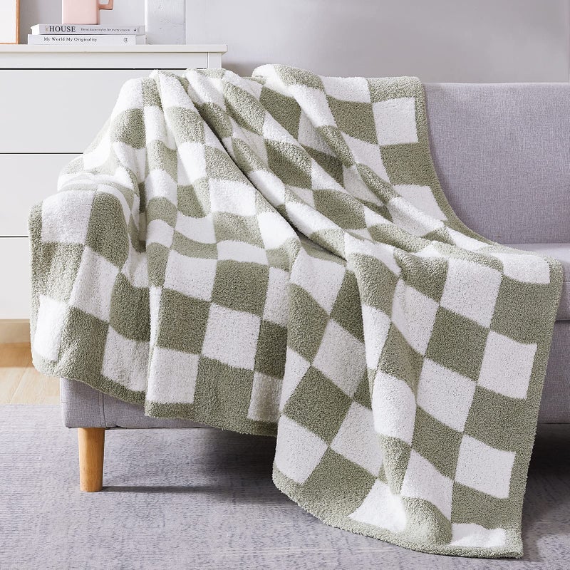 WRENSONGE Checkered Throw Blanket, Sage Green Microfiber Soft Cozy Fluffy Warm Hand Made Throw Blankets for Couch, Sofa, Chair, Bed, Camping, Picnic, Travel Lightweight Bed Blanket - 50"*70" - Image 1