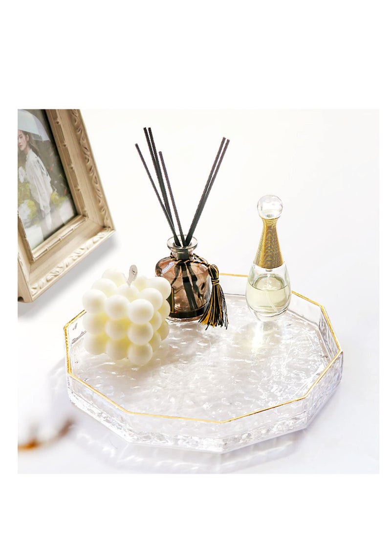SYOSI 10 Inch Decagon Glass Tray with Gold Rim, Clear Hammered Vanity Makeup Tray with 2” Wall, Thick Decorative Dresser Bathroom Tray Perfume Display Tray Cosmetic Tray for Tabletop Countertop L - Image 1