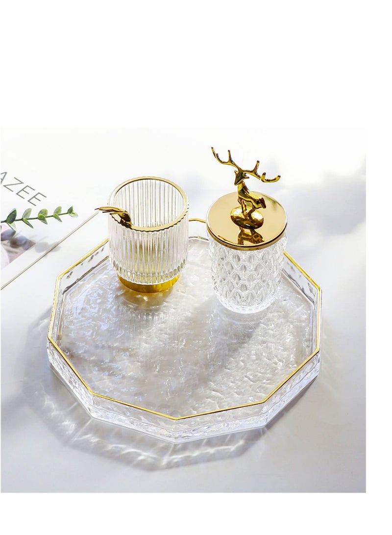 SYOSI 10 Inch Decagon Glass Tray with Gold Rim, Clear Hammered Vanity Makeup Tray with 2” Wall, Thick Decorative Dresser Bathroom Tray Perfume Display Tray Cosmetic Tray for Tabletop Countertop L - Image 2