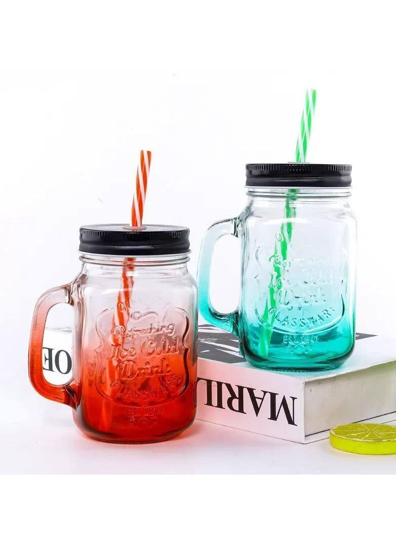 Generic - Jar Mug Drinking Glass with Lid and Straw Multicolor 400 ml - Image 1
