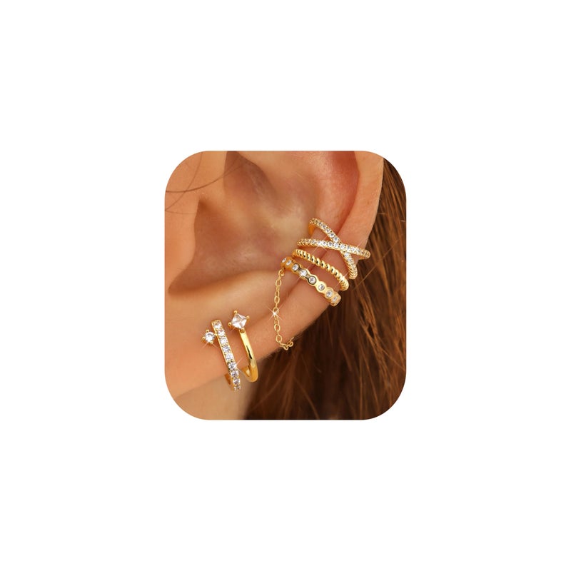 Florideco 4 PCS Ear Cuffs Non Piercing Hypoallergenic 14K Gold Plated Ear Cuff Earrings for Women Trendy CZ Clip On Cartilage Earring Set Dainty Adjustable Fake Piercings Earrings Cross - Image 1